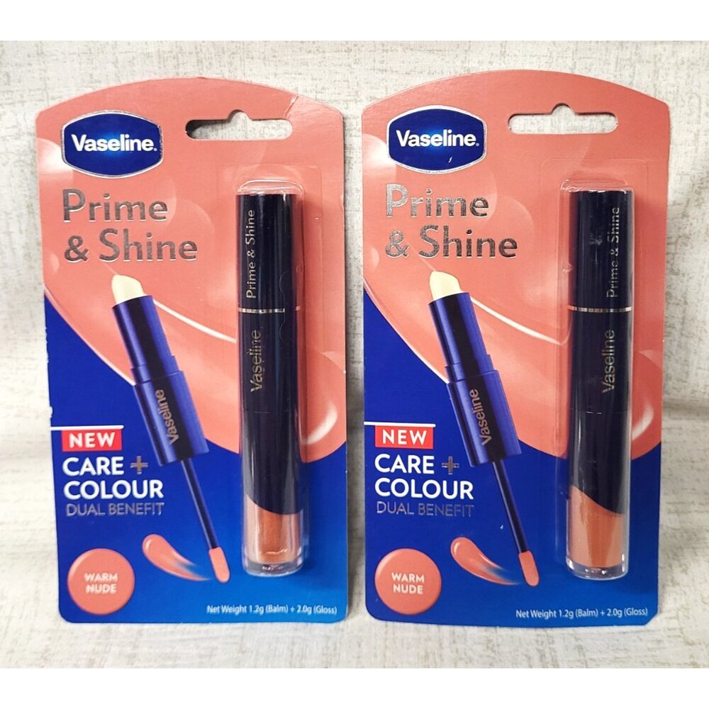 2 x Vaseline Prime & Shine 2-in-1 Lip Balm Primer & Colored Gloss Duo WARM NUDE